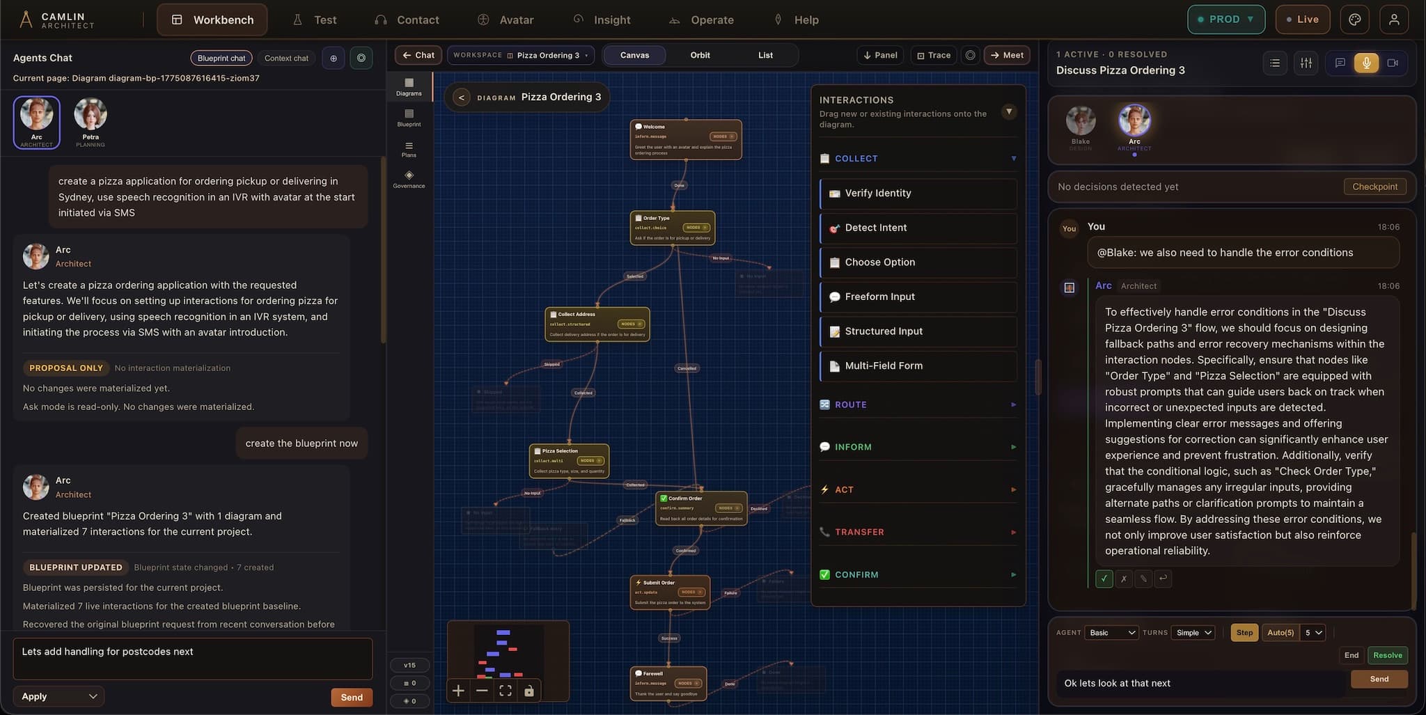Camlin Architect showing an agent chat, service diagram, interactions, and live meeting panel.